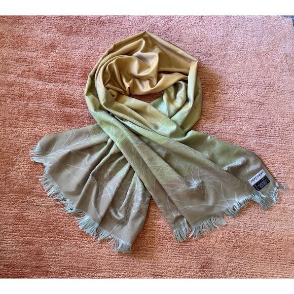 Descours Paris Silky Fringe Scarf Wrap Ombre Green Beige Made in France - Picture 1 of 7